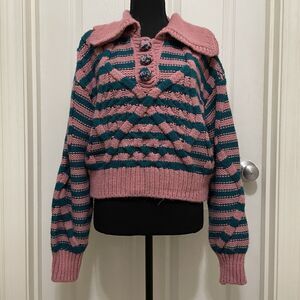 ZARA Striped Cable Knit‎ Sweater Cropped Pink Teal Soft Women's Small S Retro